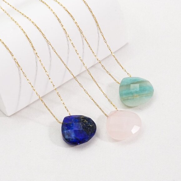 3/$35 14K Gold Plated Pink Natural Stone Oval Pendant Chain Necklace Jewelry - Picture 5 of 7